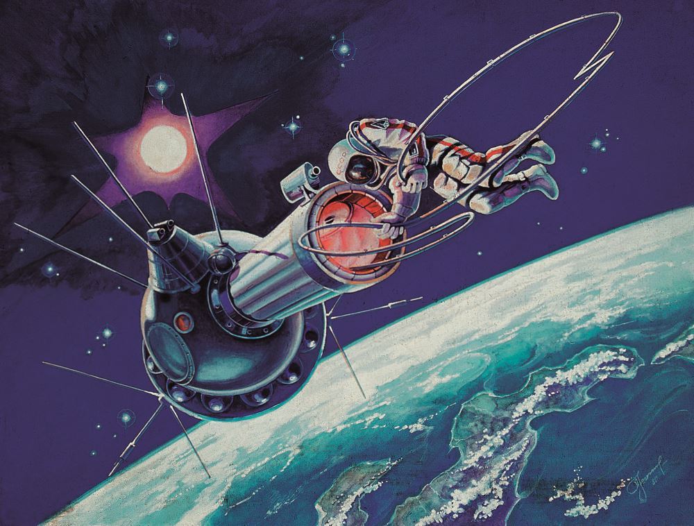 Картина Выход в Открытый Космос. А.А. Леонов 1980. Бумага, гуашь. 30х40 см